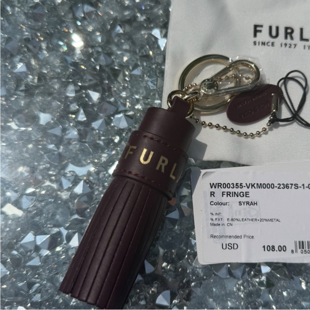 Furla Burgundy Leather Fringe Keychain